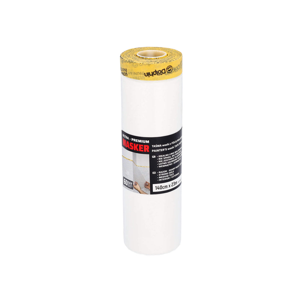 Blue Dolphin Ultra-Premium Masker – Painter's Washi Tape with Plastic Drop Cloth – 210 cm x 15 m