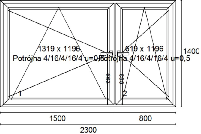 Schüco SI82 Double-Sash Window with Fixed Mullion 2300 x 1400 mm
