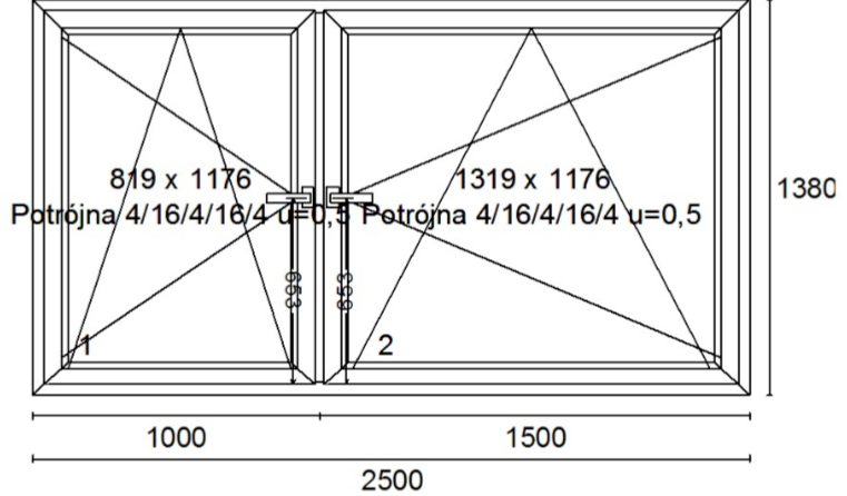 Schüco SI82 Double-Sash Window with Fixed Mullion 2500 x 1380 mm