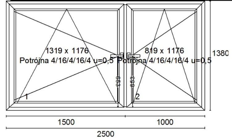 Schüco SI82 Double-Sash Window with Fixed Mullion 2500 x 1380 mm